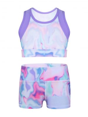 iEFiEL Kids Girls Colorful Stretchy Sleeveless Tie-Dye Crop Top with Boy-cut Ballet Dance Shorts