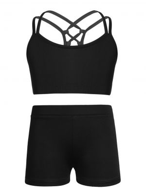 iEFiEL Girls Criss Cross Back Crop Top with Low Rise Dance Shorts Activewear for Ballet Dance Workout