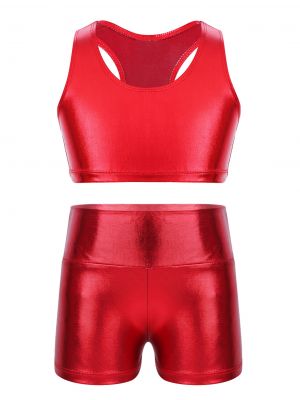iEFiEL Girls Metallic Sleeveless Racer Back Crop Top with High Waist Dance Shorts for Sports Gymnastic Workout