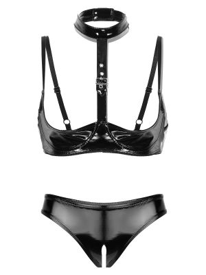 Women Wet Look Patent Leather Open Cups Bra and Open Crotch Briefs Lingerie Set