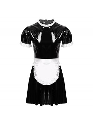 iEFiEL Men Sissy Maid Cosplay Costume Set Round Neck Short Puff Sleeve Wet Look Patent Leather Maid Servant Uniform Flared Dress with Apron