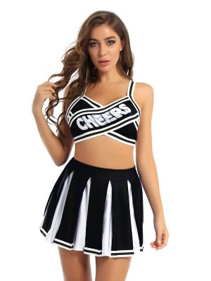 iEFiEL Women Adult Halloween Cheerleading Costume Uniform Outfit Striped Crop Top with High Waist Pleated Skirt