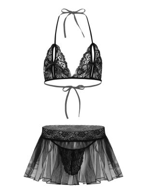 iEFiEL Men Sissy See Through Sheer Lace Lingerie Set Halter Neck Bra Top Mini Flared Skirt with Built-in Briefs
