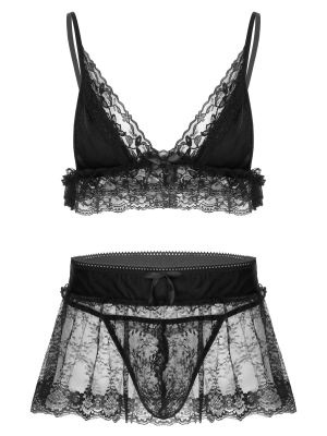 Men 3Pcs Sexy Lace Lingerie Set Straps Bra with Mini Skirt and G-string Briefs