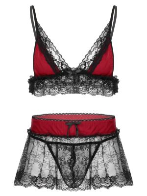 Men 3Pcs Sexy Lace Lingerie Set Straps Bra with Mini Skirt and G-string Briefs