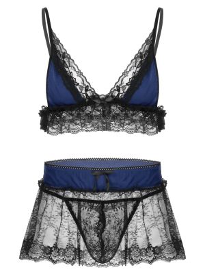 iEFiEL 3Pcs Sexy Men Adult Lace Lingerie Set Sissy Adjustable Straps Bra Top with Mini Skirt and G-string Briefs Underwear