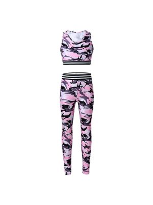 iEFiEL Pink Girls Tracksuit Outfit Sleeveless Camouflage Printed Racer Back Stretchy Tanks Bra Top Crop Top with Leggings Pants for Gymnastics Stage Performance Workout
