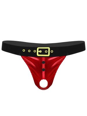 iEFiEL Men Shiny Santa Lingerie Low Rise Bulge Pouch T-back Christmas Costume Thong Briefs