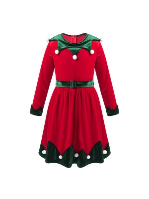 iEFiEL Kids Girls Christmas Costume Velvet Long Sleeves Swing Long Dress