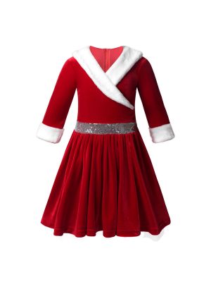 iEFiEL Kids Girls Christmas Costume Dancewear Long Sleeve Faux Fur Dress