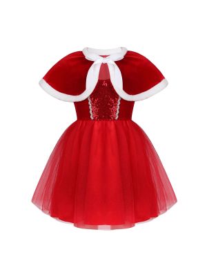 iEFiEL Red Kids Girls Christmas Costume Dancewear Sleeveless Sequined Mesh Tutu Dress