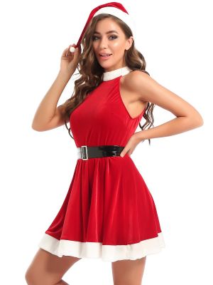 iEFiEL Women's Velvet Santa Costume Cosplay Christmas Fancy Party Dress with Hat Belt Outfit