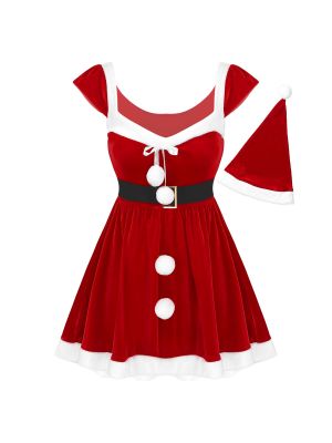 iEFiEL Women Adults Velvet Christmas Santa Costume Mini Dress with Hat