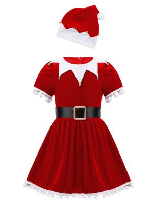 iEFiEL Girls Velvet Christmas Santa Claus Costume Ruffled Sleeves Patchwork Tassel Tutu Dress with Hat Belt
