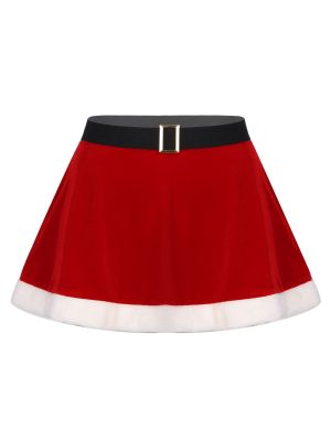 Women Christmas Red Fannel Faux Fur Trim A-line Miniskirt