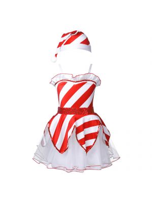 iEFiEL Girls Christmas Costume Outfit Sleeveless Sequined Mesh Tutu Dress with Hat