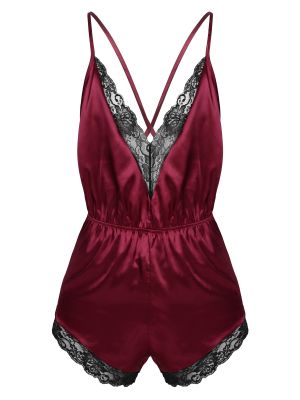 Mens Sissy Sleeveless V Neck Satin Lace Pajamas Romper