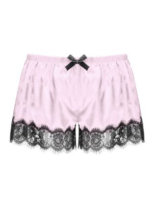 iEFiEL Men Sissy Satin Shorts Sleepwear Elastic Waistband Lace Trimming Pajama Pants