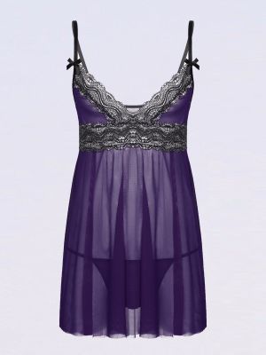 Men Sissy Sheer Mesh Deep V Neck Lace Chemise Babydoll Sleepwear