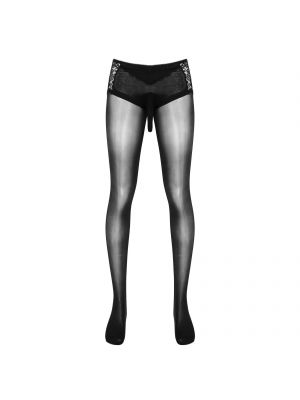 iEFiEL Black Men Skinny Stretchy Pantyhose Bulge Pouch See-through Lace Patchwork Tights Hosiery Sleepwear