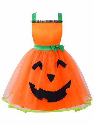 iEFiEL Girls Halter Neck Backless Halloween Pumpkin Dress Stage Performance Cosplay Party Costume 