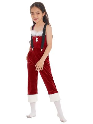 iEFiEL Kids Girls Christmas Costume Outfit Velvet Pant with White Pompom Velvet Bottom Holiday Wear