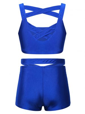 iEFiEL Kids Girls Solid Color Strappy Cross Front Crop Top with Dance Bike Shorts Dancewear 