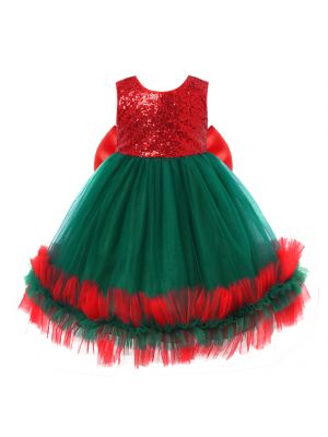 iEFiEL Red&Green Kids Girls Sleeveless Sequined Top Mesh Tutu Dress with Ruffled Mesh Christmas Princess Dress