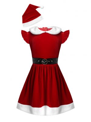 iEFiEL Kids Baby Girls Christmas Velvet Costume Outfit Sleeveless Ruffled Waist A-line Dress with Hat