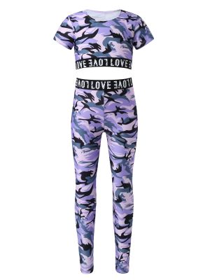 iEFiEL Camouflage Purple Kids Girls Workout Sport Suits Camouflage Crop Top and Leggings Pants for Sports Yoga Workout Fitness
