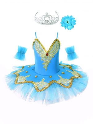 iEFiEL Kids Girls Gold Embroidered Flower Rhinestone Sequins Ballet Leotard Tutu Dress Swan Dance Costume