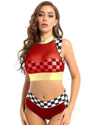 iEFiEL Women Plaid Cheerleading Cosplay Costume Outfit Back Zipper Tops with High Waisted Patent Leather Briefs