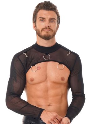 iEFiEL Mens Mock Neck O-Ring T-Shirt See-Through Mesh Crop Top Stage Performance Clubwear