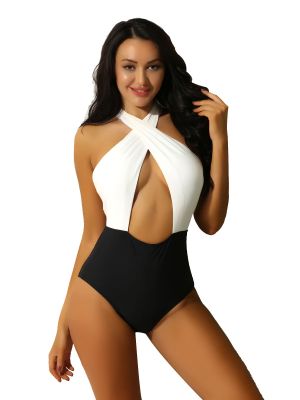 iEFiEL Black&White Women Swimwear Swimsuit One Piece Backless Halter Cross Criss Front Monokini Bathing Suit 