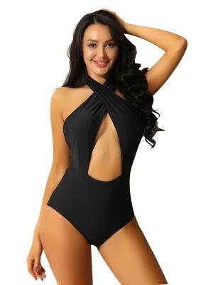 iEFiEL Black Women Swimwear Swimsuit One Piece Backless Halter Cross Criss Front Monokini Bathing Suit 
