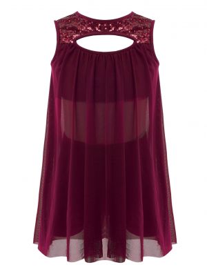 iEFiEL Girls See-through Chiffon Dance Dress Wide Shoulder Straps Sequins Built-in Bra Top with Elastic Waistband Shorts Set