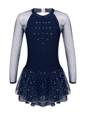 iEFiEL Big Girls Skating Jumpsuit Glittering Polka Dots Open Back Ruffle Hem Dance Dress