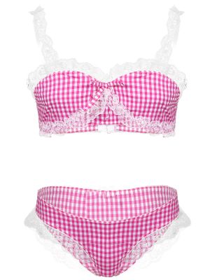 iEFiEL Hot Pink Men Sissy Plaid Lace Trim Lingerie Set Sleepwear Nightwear Adjustable Spaghetti Strap Tops with Briefs