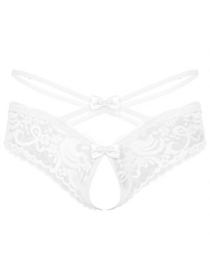 Men Sissy Lace Crotchless Bowknot Low Waist T-back Briefs