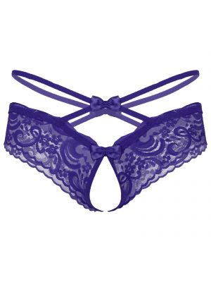 Men Sissy Lace Crotchless Bowknot Low Waist T-back Briefs