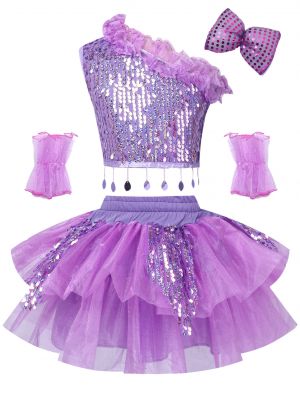 iEFiEL Kids Girls Dance Costume Sequin Oblique Shoulder Tops with Veil Skirt Bowknot Hair Clip Cuffs Stage Performance Outfit