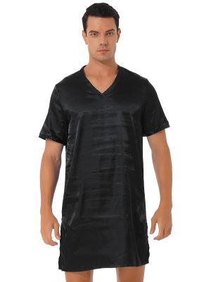 Men Satin V Neck Short Sleeve Sleepwear Sides Split Pajamas Dress
