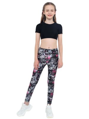 iEFiEL Black&Rose Red 2Pcs Kids Girls Sport Suit Short Sleeve Crop Top High Waist Wide Elastic Waistband Pants Set for Sports Yoga Workout Fitness