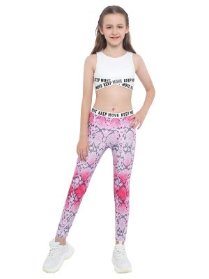 iEFiEL Pink Snake Print 2Pcs Kids Girls Sport Suit Sleeveless Crop Top Cartoon Graffiti Print Pants for Sports Yoga Workout Fitness