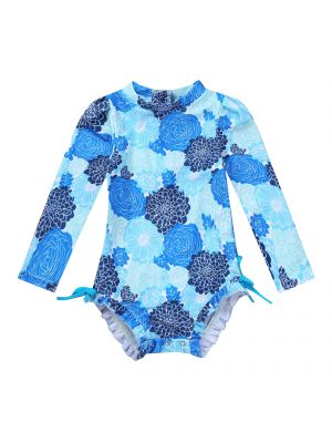 iEFiEL Flower Blue Infant Baby Girls One-piece Floral Printed Back Zipper with Ruffled Swimsuit Swimwear Bathing Suit Rash Guard 