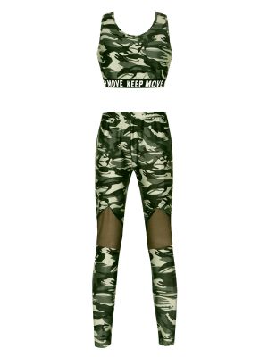 iEFiEL Camouflage Green Kids Girls Gymnastics Outfit Sleeveless Crop Top with Mesh Pants Set for Sports Yoga Workout Fitness