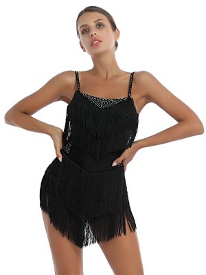 iEFiEL Womens Rhinestone Tassels Latin Dance Dress Dancer Entertainer Costume Backless Fringed Leotard Dresses