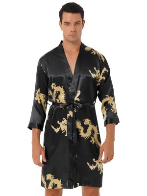 iEFiEL Mens Satin Nightgown Dragon Printed Two-Piece Long Sleeve Nightwear Kimono Bathrobe Sleepwear