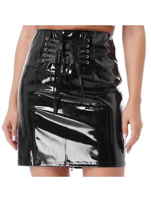 iEFiEL Women Wetlook Patent Leather High Waist Skirt Zipper Back Lace-up Pencil Skirt Party Clubwear