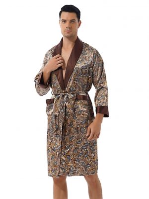 iEFiEL Mens Satin Printed Kimono Night Robe Long Sleeve Pockets Spa Bathrobe Nightwear Loungewear with Belt